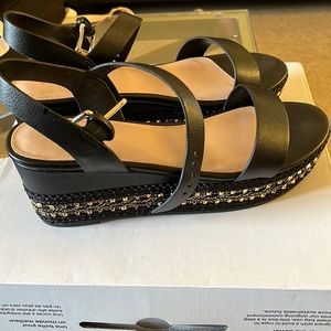 Aldo black low wedge sandal with gold stone trim